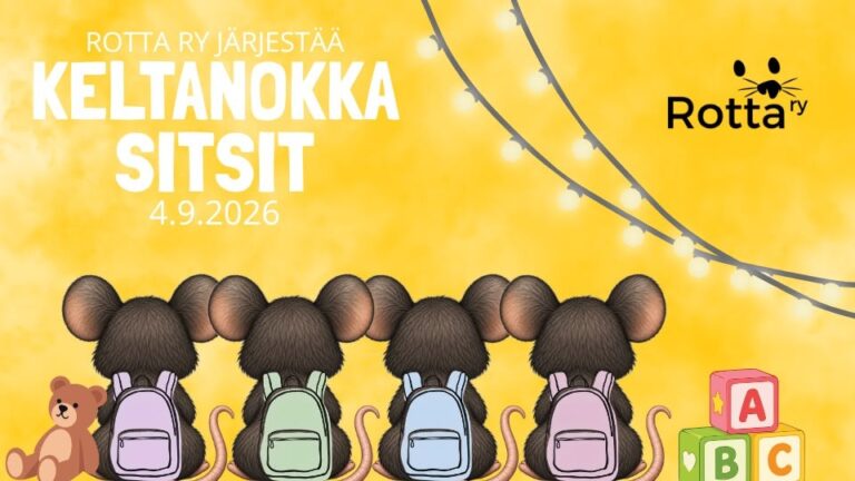 Neljä ROTTAn rottahahmoa koulureput selässä keltaisella taustalla, teksti Keltanokka Sitsit 4.9.2026.